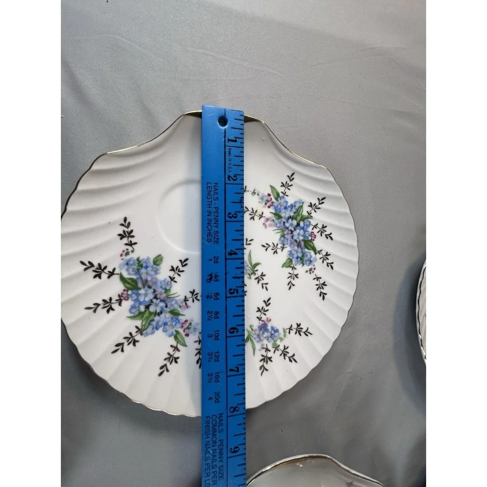 Vintage Japan Tea Cup Saucer Set 4 Blue Floral‎ Gold Trim Scalloped